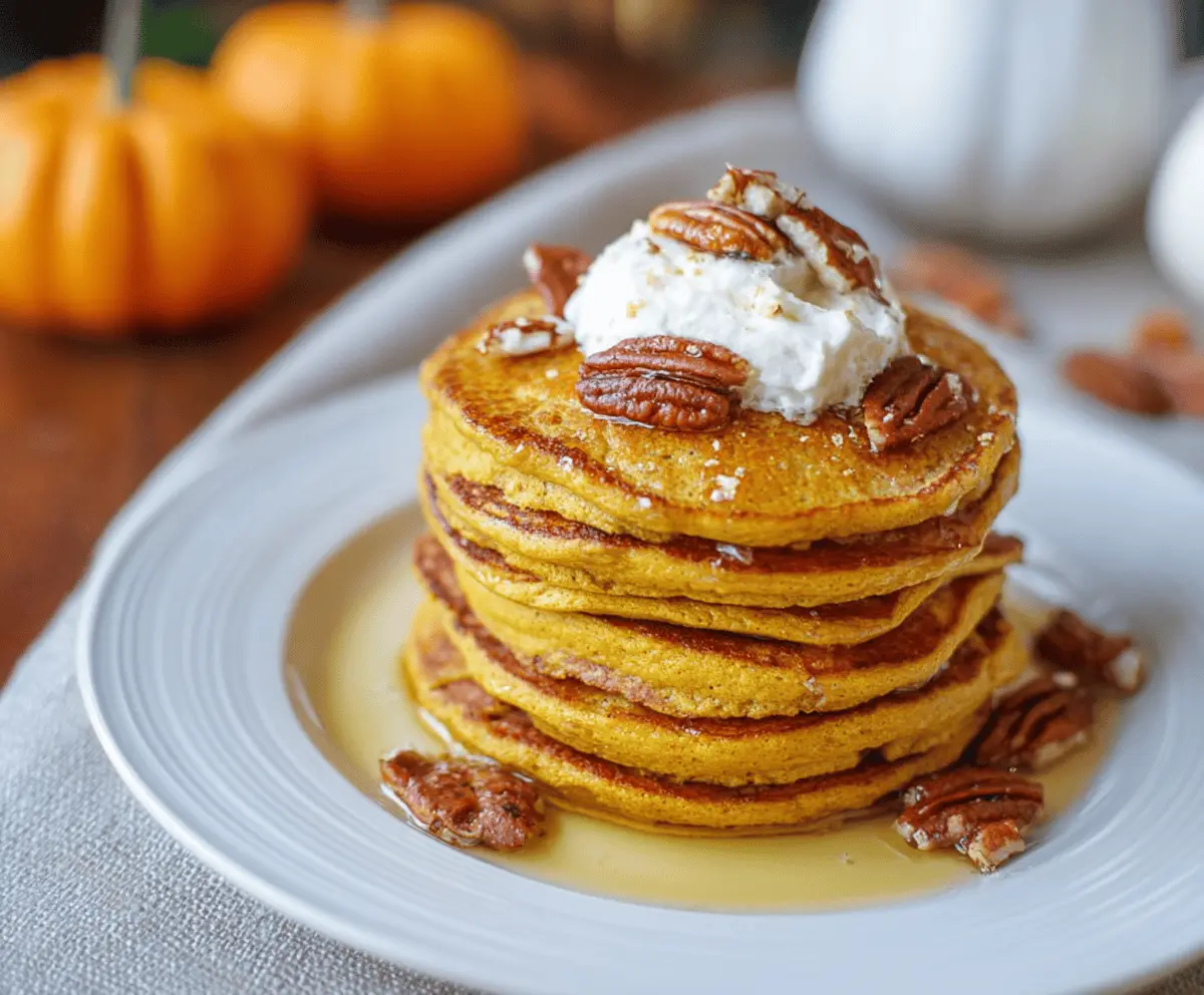 Fluffy orange pumpkin pancakes topped with maple syrup and fresh whipped cream, served on a plate with a festive fall setting