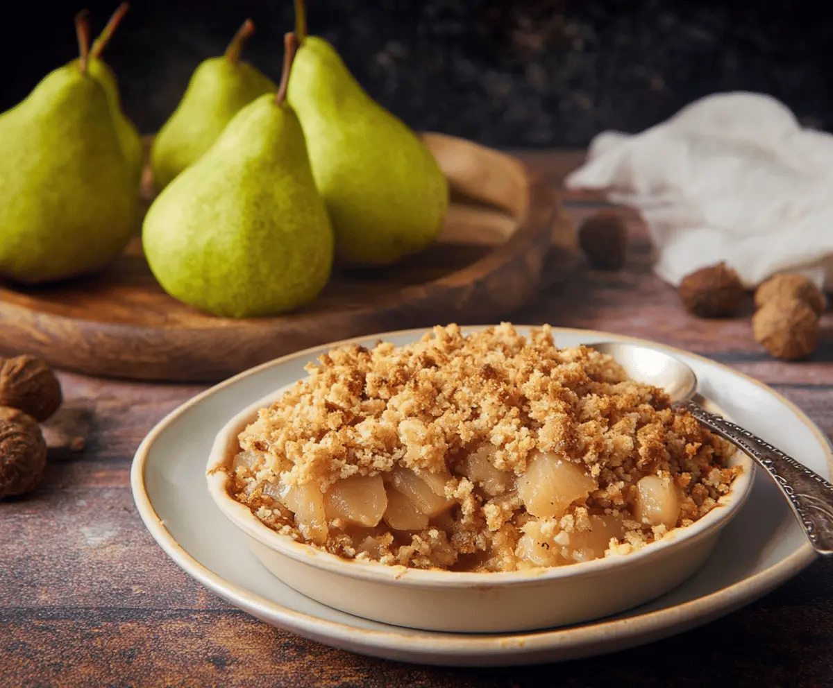 Delicious homemade pear crumble with golden topping served in a rustic bowl, perfect for dessert or cozy evenings