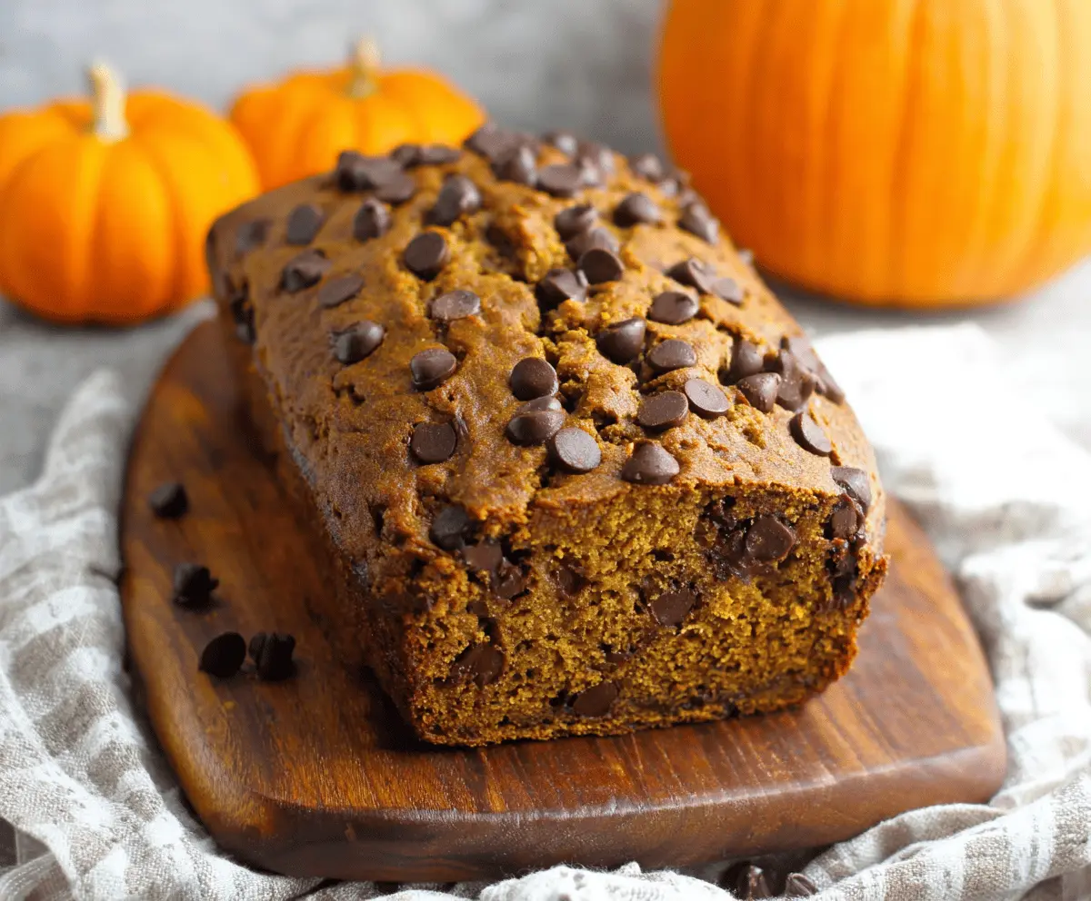 Delicious homemade Pumpkin Banana Chocolate Chip Bread sliced and ready to serve, featuring moist texture with chocolate chips, ripe bananas, and pumpkin puree