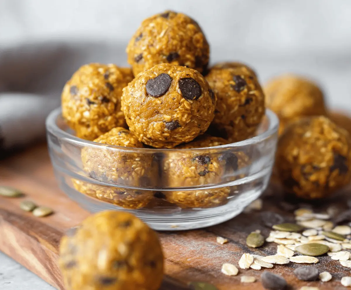 Delicious homemade Pumpkin Banana Protein Balls on a white plate, featuring a nutritious snack with pumpkin, banana, and protein ingredients, perfect for a healthy diet.