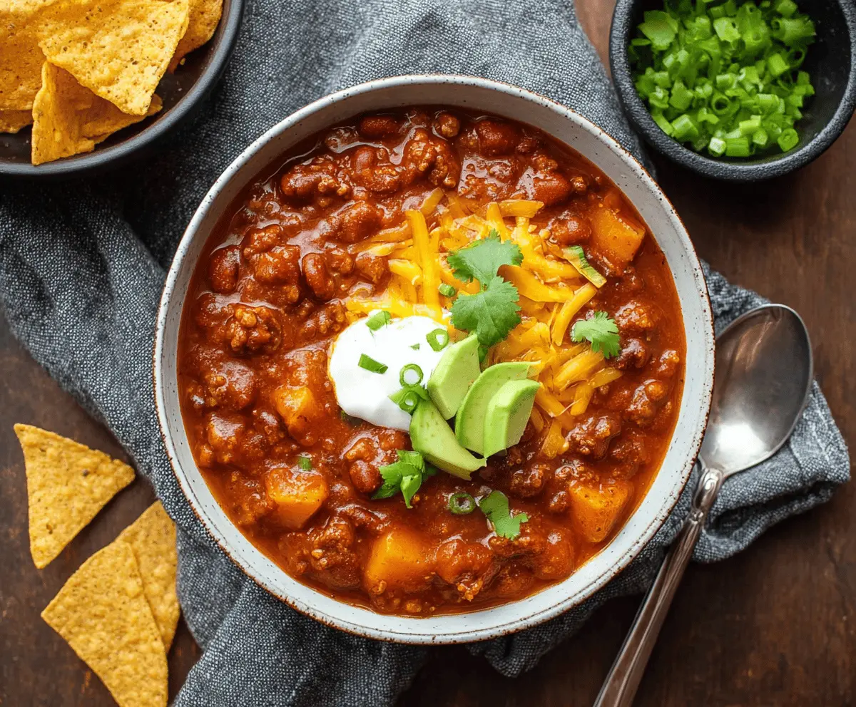 A bowl of hearty pumpkin chili garnished with fresh herbs and served with bread, perfect for a cozy autumn meal.
