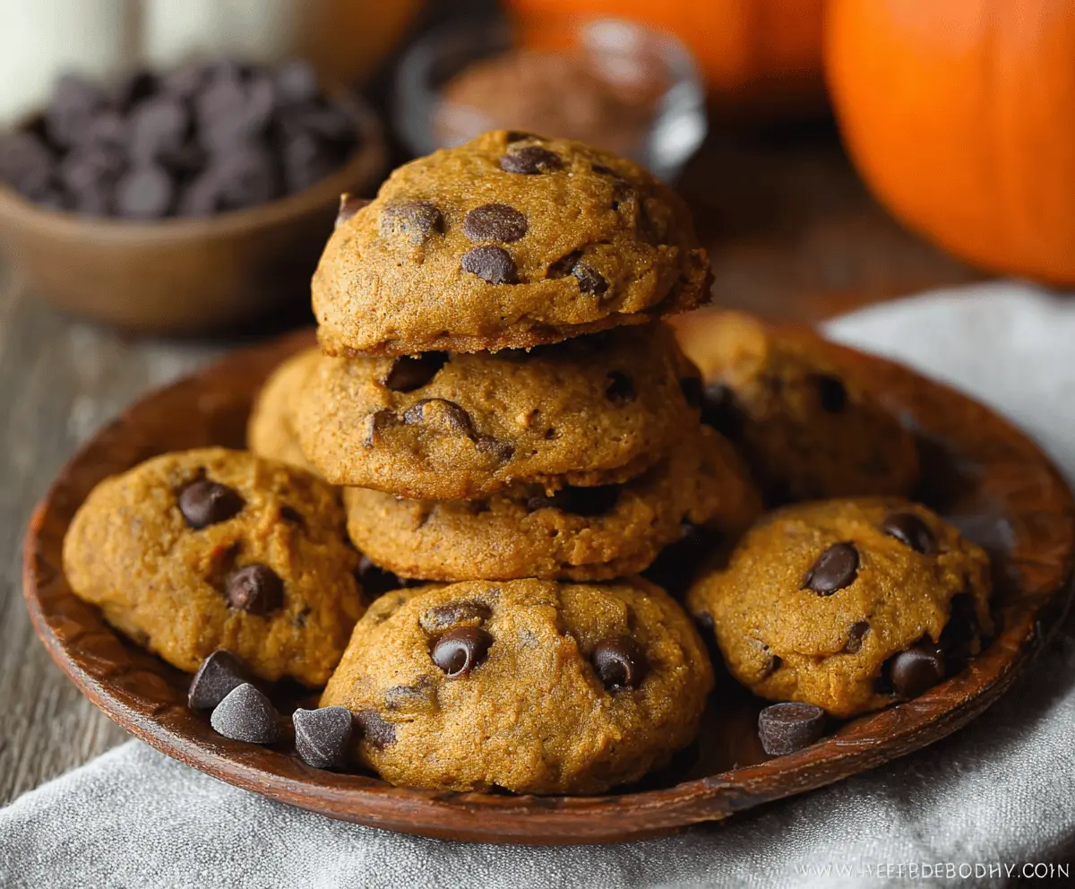 Delicious homemade pumpkin chocolate chip cookies with gooey chocolate chips and warm pumpkin flavor, perfect for fall desserts.