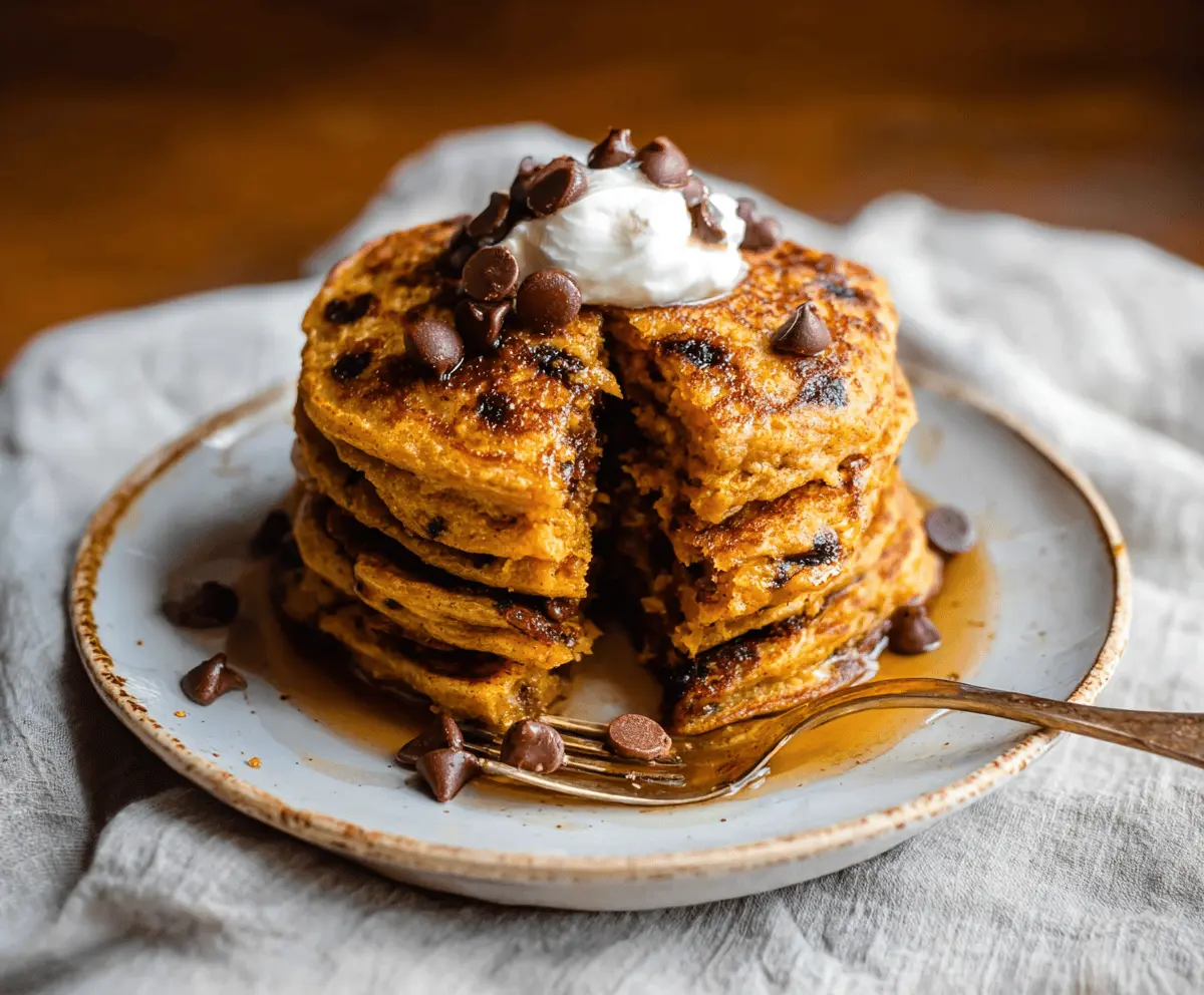Delicious homemade pumpkin chocolate chip pancakes topped with whipped cream and maple syrup on a breakfast plate