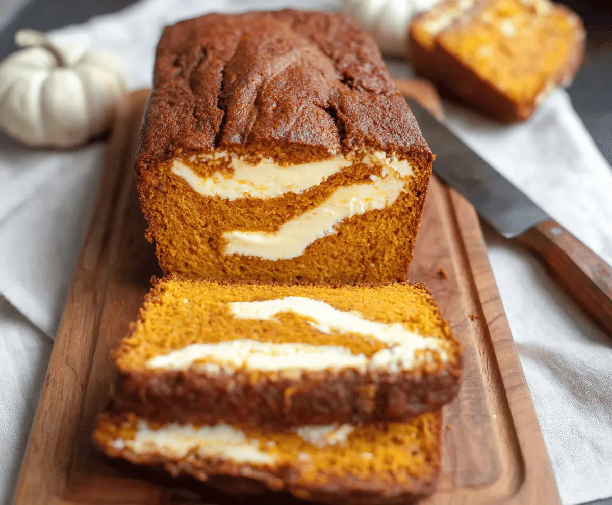 Delicious homemade pumpkin cream cheese bread topped with a swirl of cream cheese and pumpkin spice, perfect for fall baking.