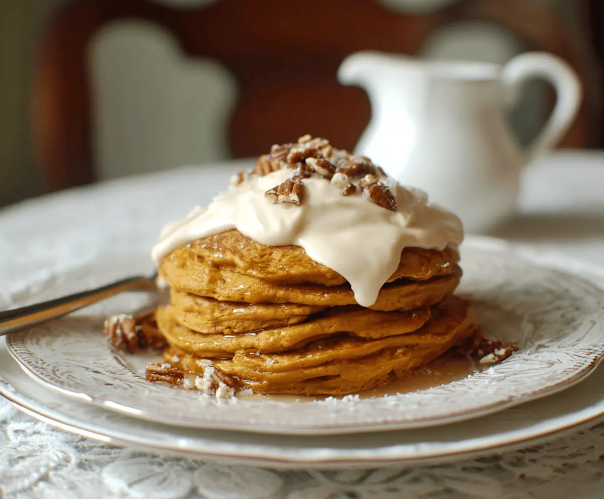 Fluffy pumpkin cream cheese pancakes topped with whipped cream and a sprinkle of cinnamon on a plate, perfect for fall breakfast