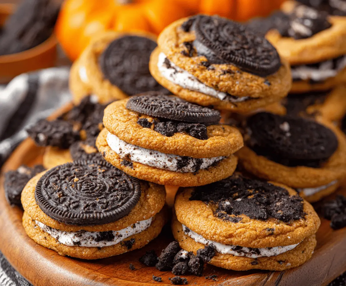 Delicious homemade pumpkin Oreo cookies with creamy pumpkin filling and classic Oreo chocolate cookies for a festive fall treat.