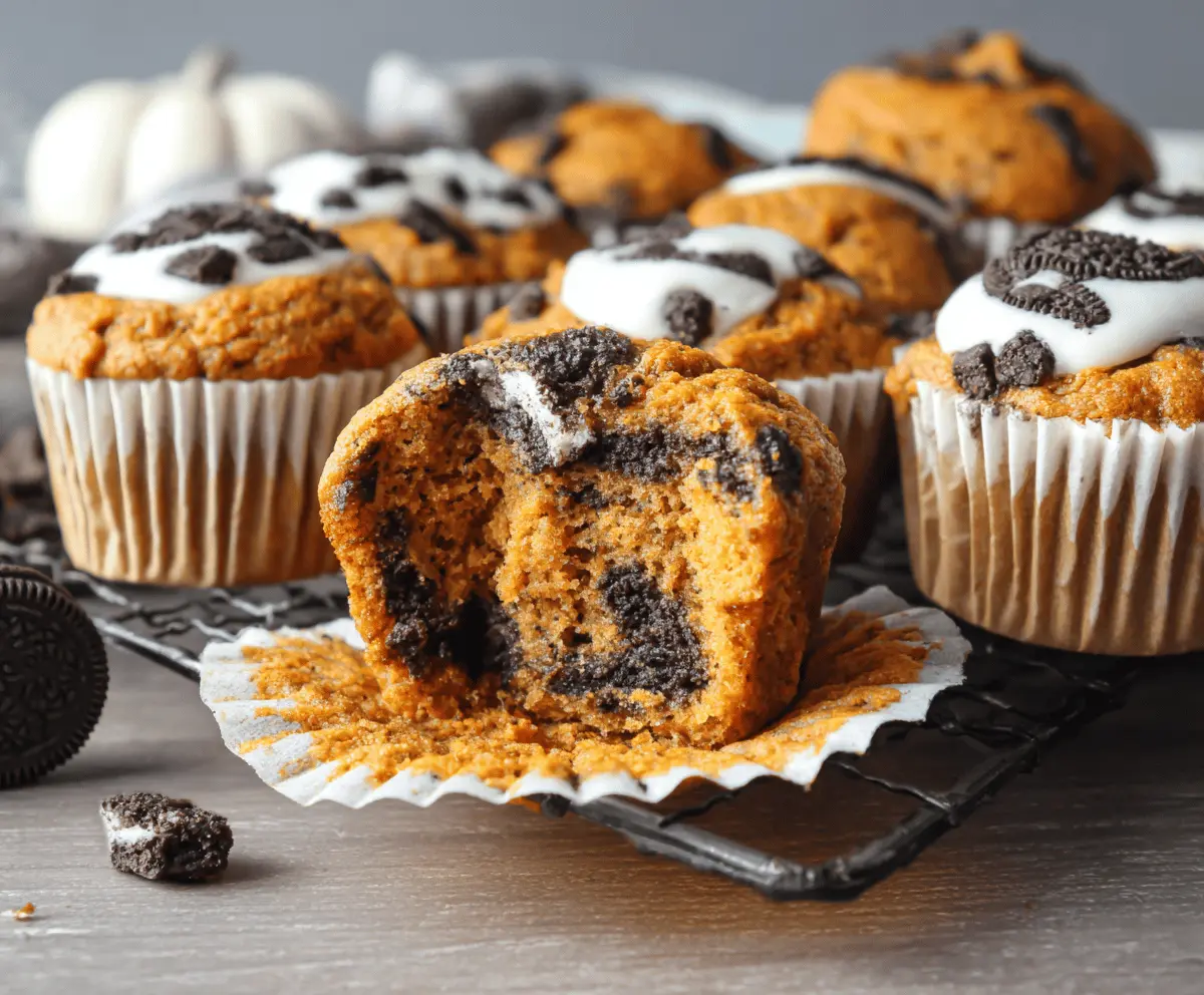 Delicious homemade Pumpkin Oreo Muffins topped with crushed Oreos and a sprinkle of cinnamon, perfect for fall baking.