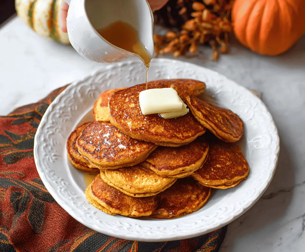 Fluffy pumpkin ricotta pancakes topped with syrup and fresh cinnamon, served with a side of whipped cream and autumn-themed garnishes.
