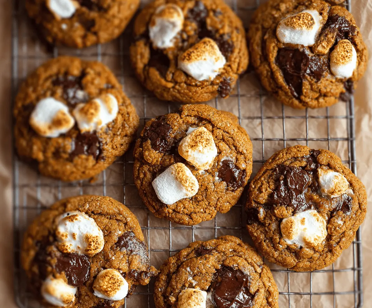 Delicious Pumpkin S'mores Cookies with graham crackers, melted chocolate, and marshmallows topped with pumpkin spice for a festive fall treat