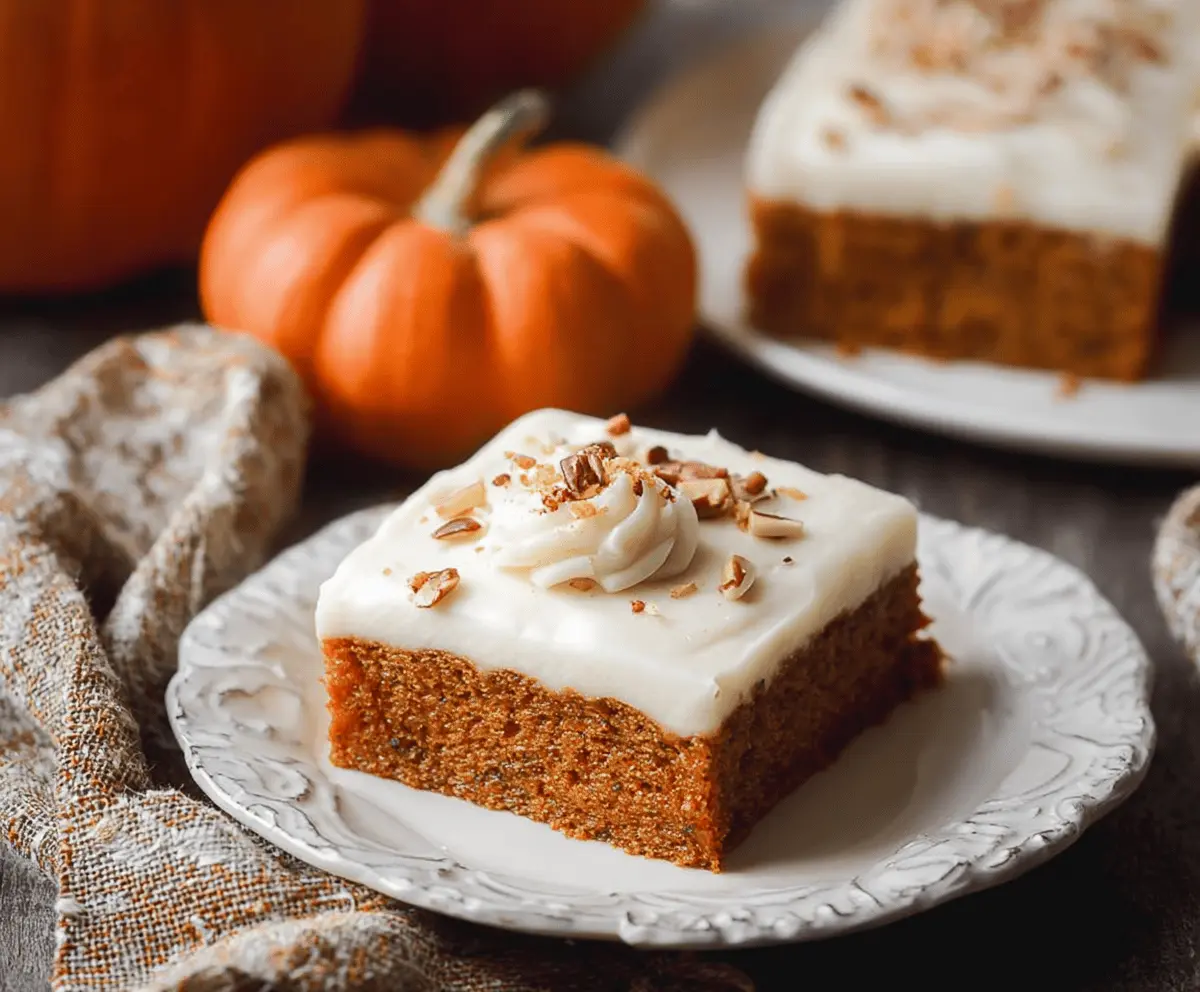 Delicious pumpkin sheet cake topped with creamy cream cheese frosting, perfect for fall dessert recipes.