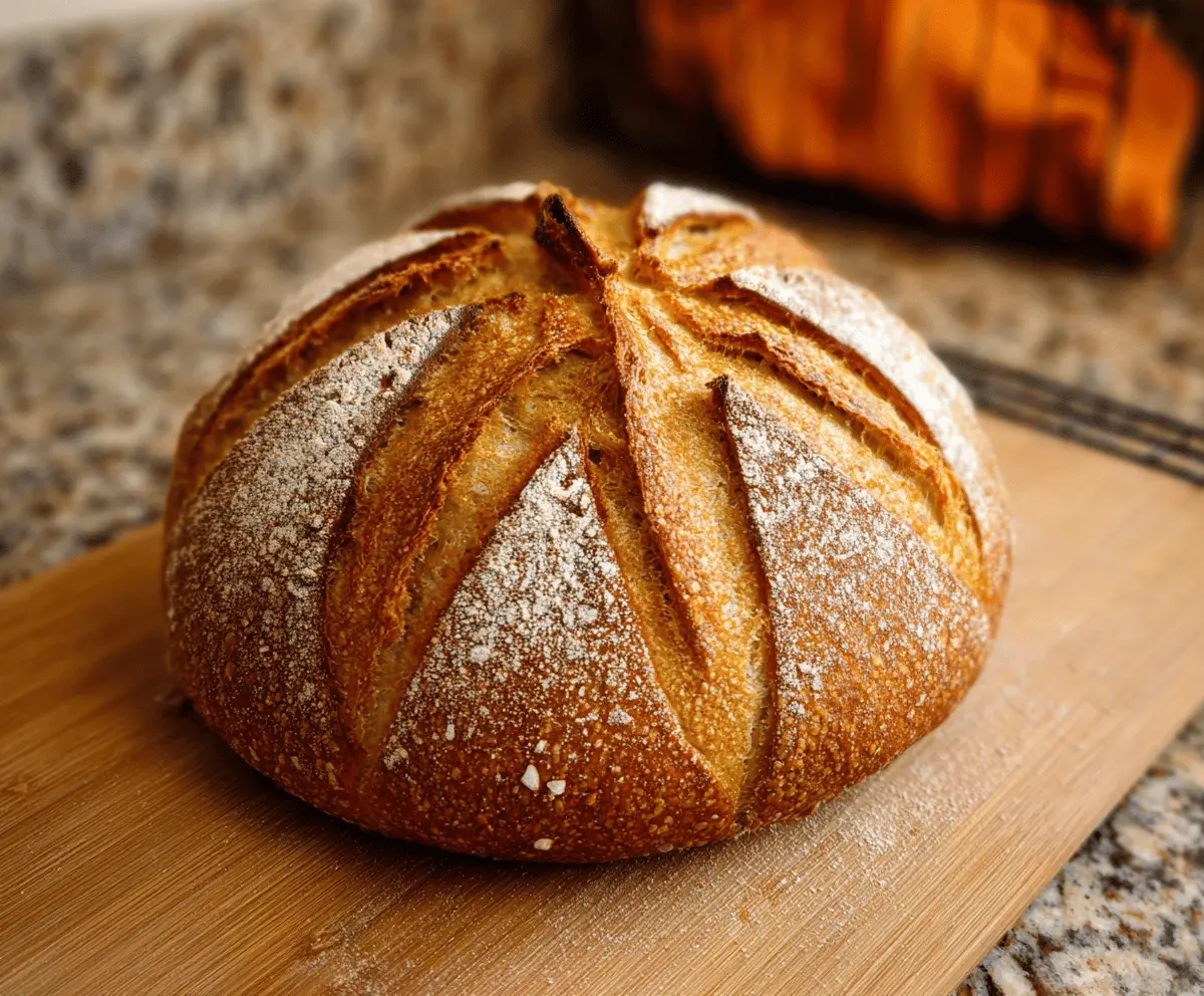 Homemade pumpkin sourdough bread with a golden crust and soft interior, perfect for fall baking