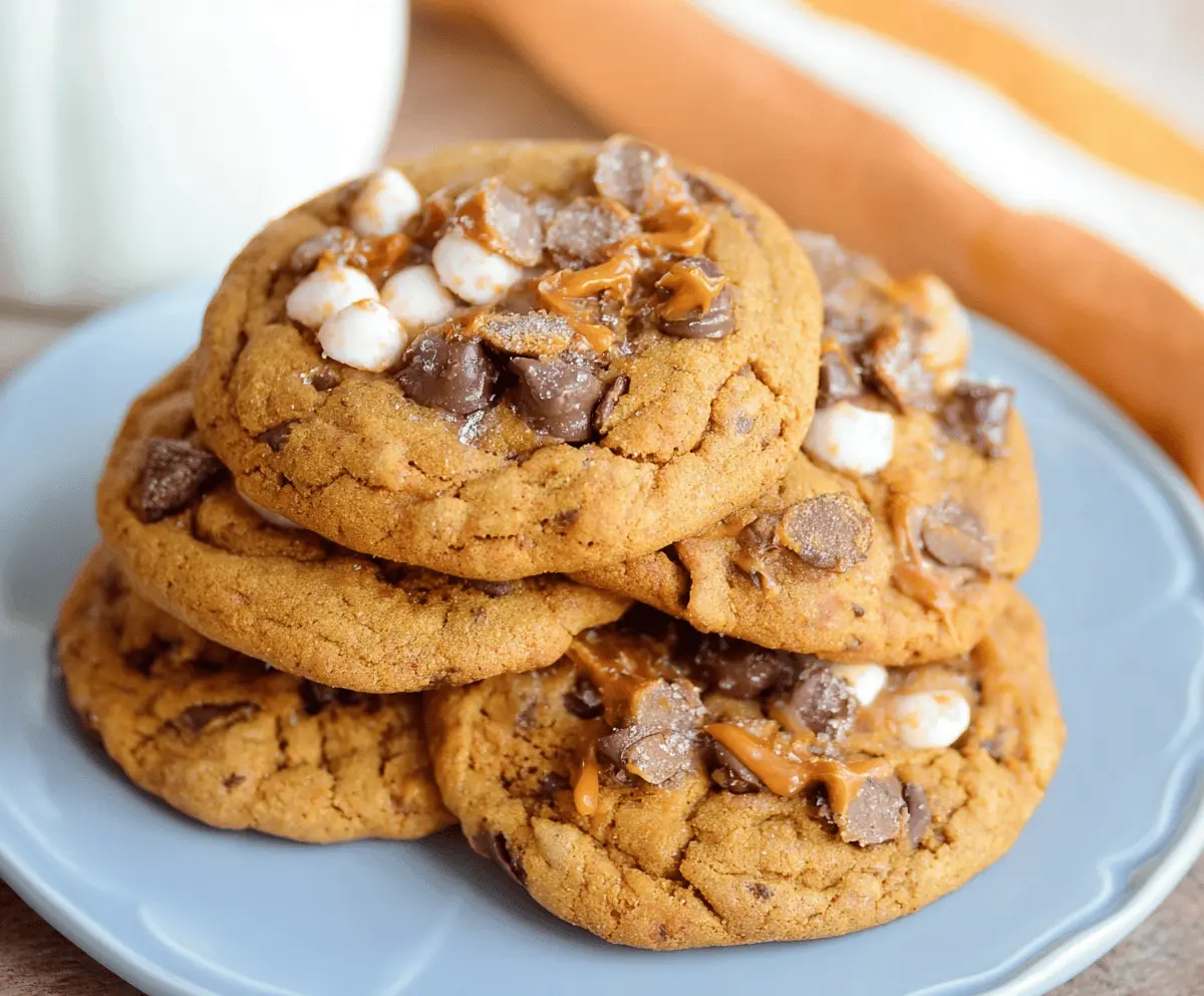 Golden Pumpkin Toffee Cookies topped with caramelized toffee pieces and a sprinkle of cinnamon, ready to enjoy