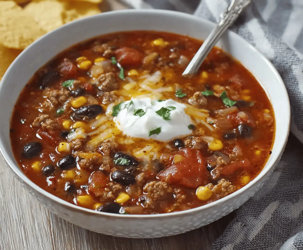 Creamy Ranch Taco Soup in a bowl topped with shredded cheese, fresh cilantro, and crunchy tortilla chips