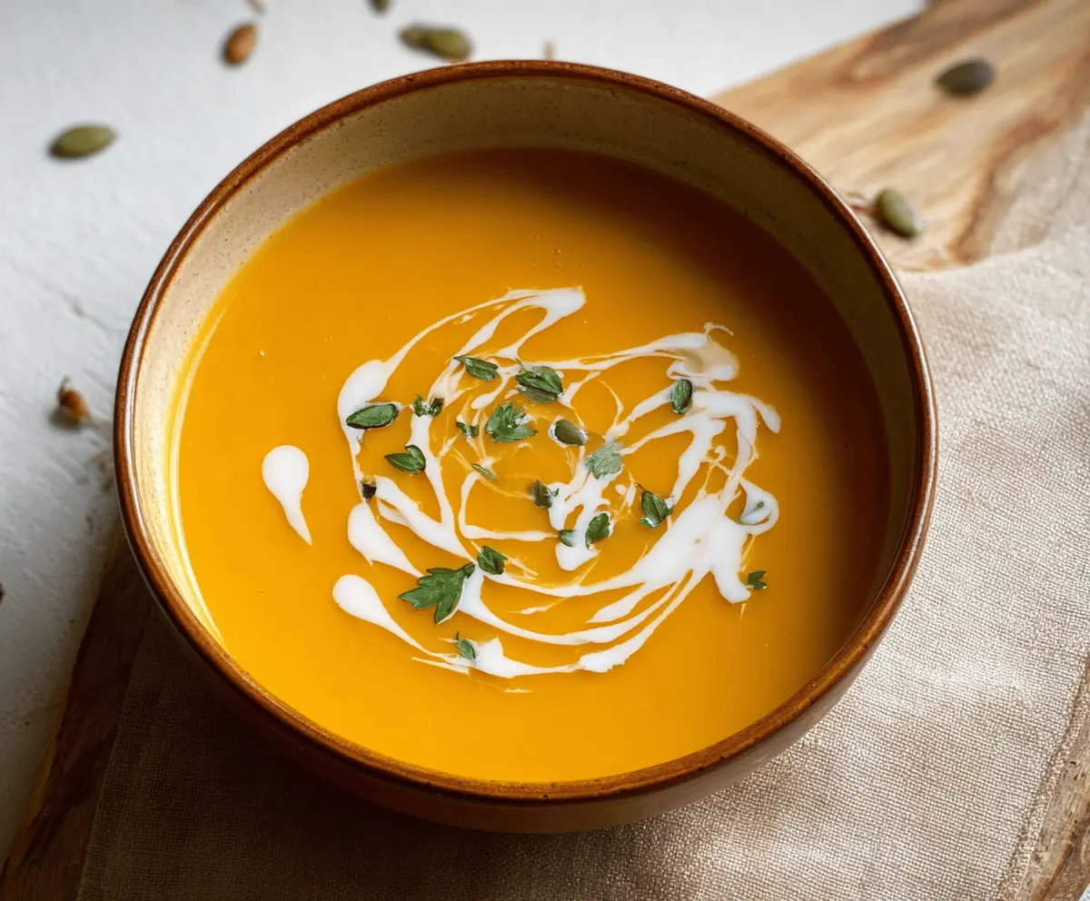 Creamy roasted butternut squash soup garnished with fresh herbs in a rustic bowl, perfect for a comforting fall meal