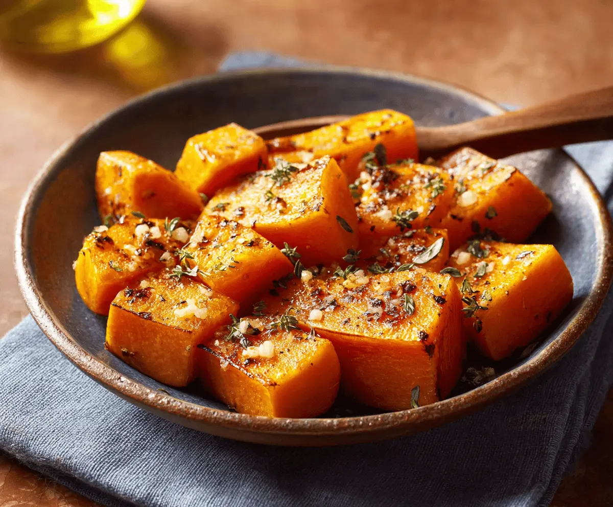 Creamy roasted butternut squash garnished with fresh herbs on a rustic wooden cutting board, perfect for a healthy fall-inspired side dish.