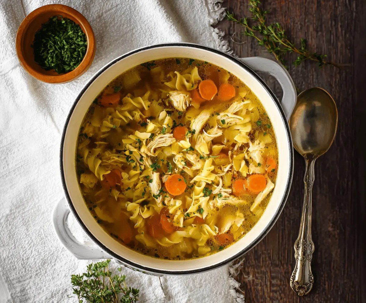 A steaming bowl of rotisserie chicken noodle soup with tender chicken, vegetables, and noodles in a clear broth, served in a white bowl on a wooden table.