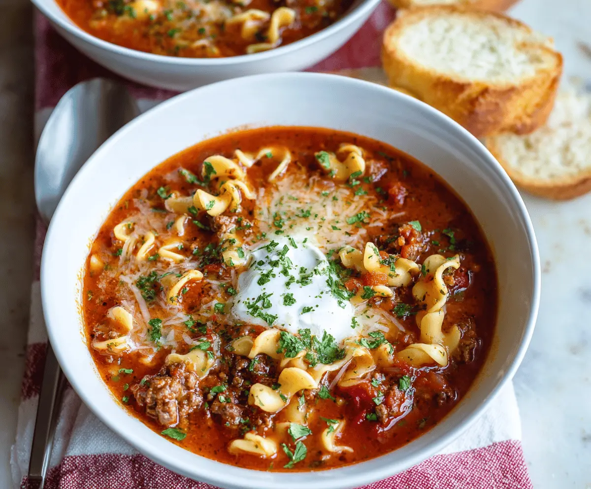 Creamy slow cooker ground beef lasagna soup topped with melted cheese and fresh basil in a bowl, perfect for comforting meals