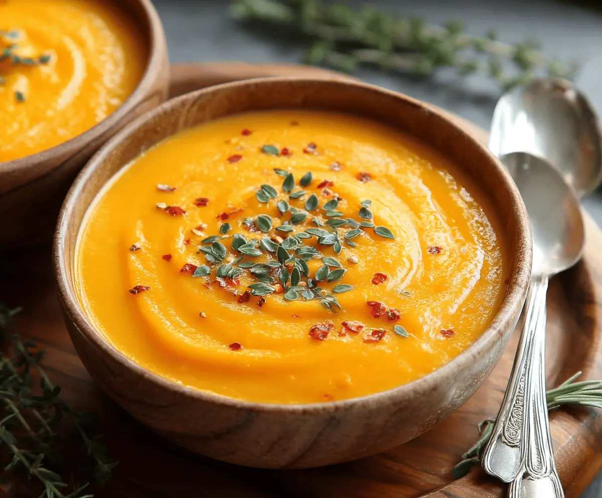Creamy spicy butternut squash and sweet potato soup garnished with herbs in a bowl, perfect for a cozy meal.