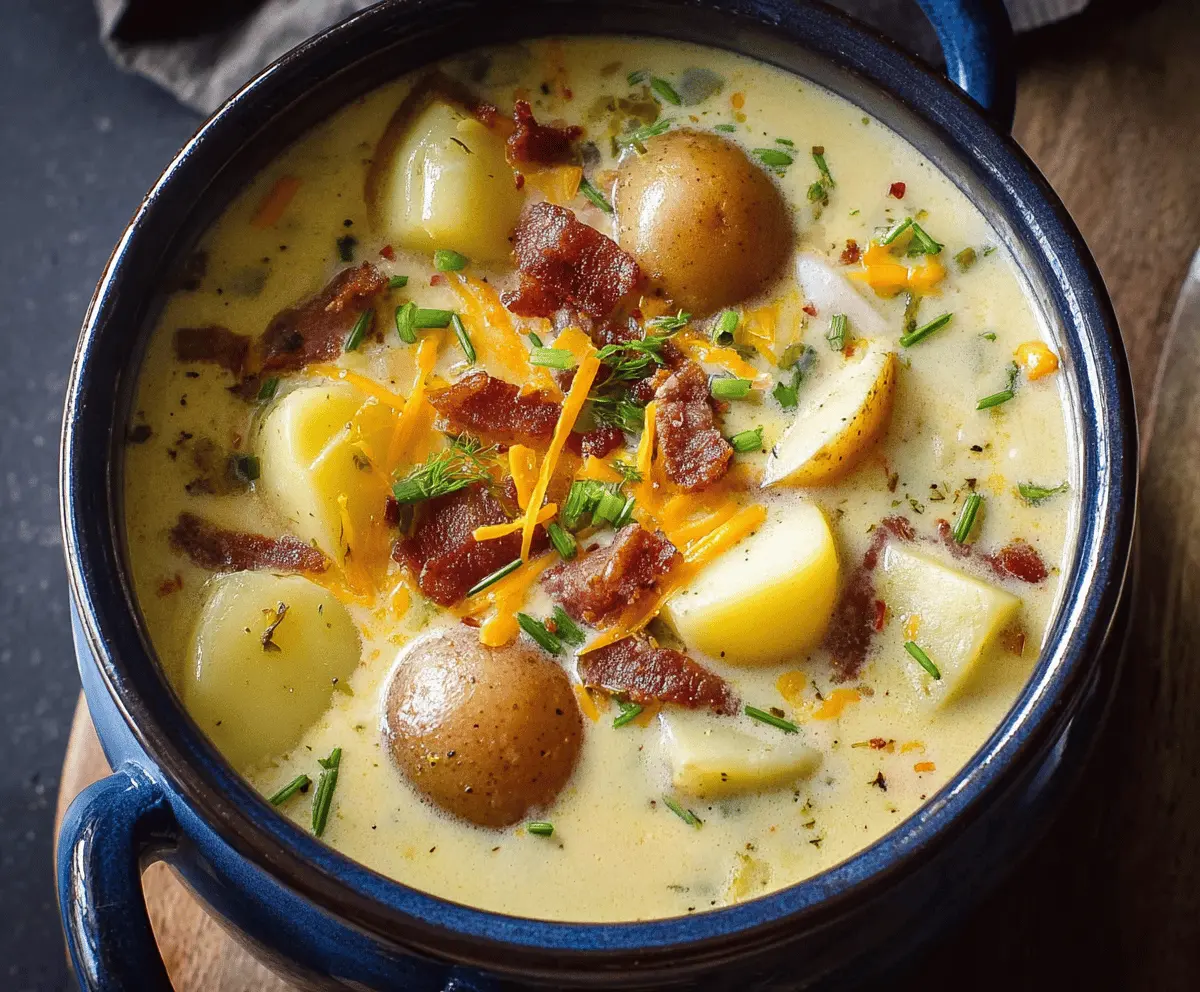 Creamy stovetop potato soup in a bowl with garnishes, perfect for a comforting meal