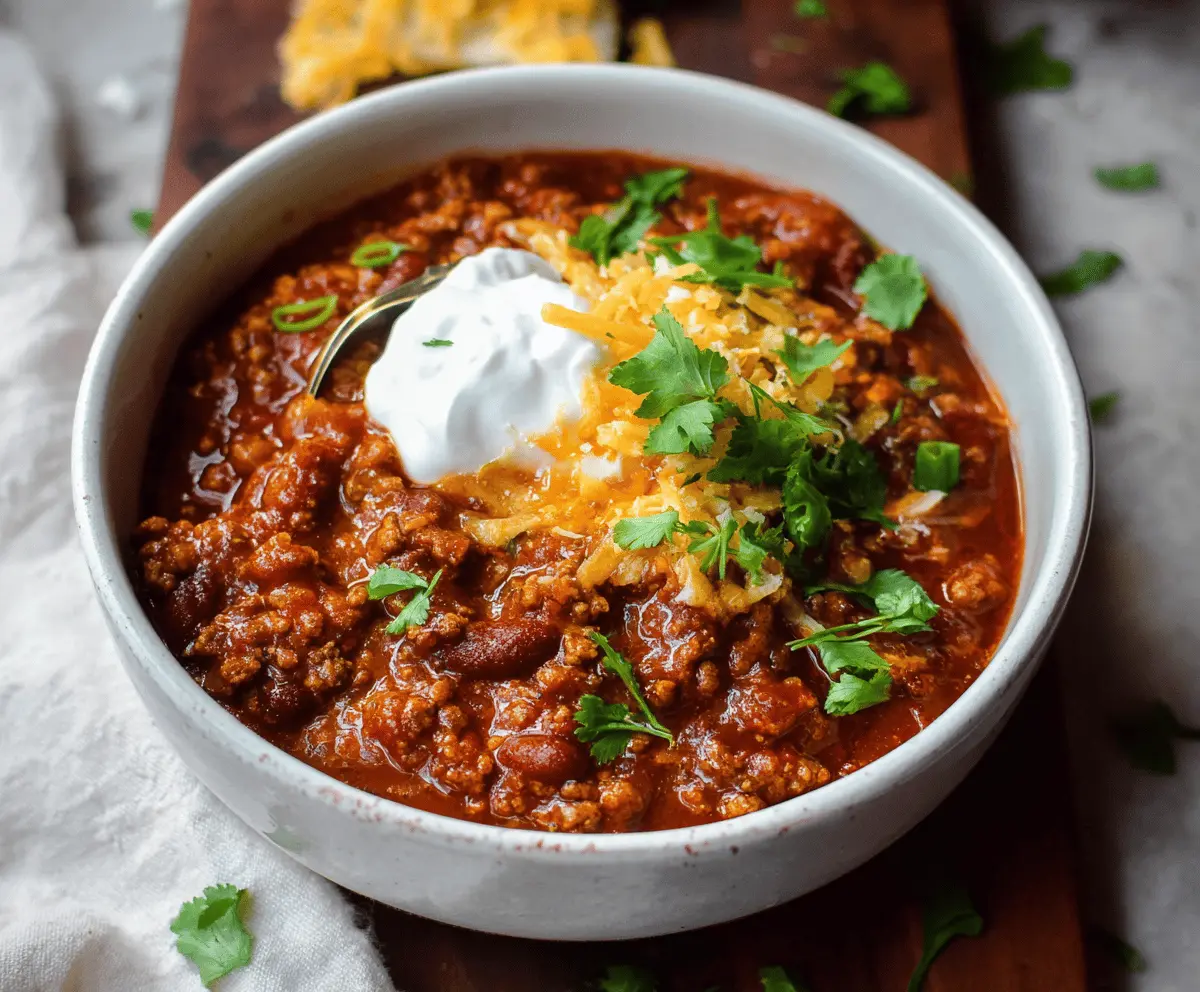 Delicious homemade Taco Chili in a bowl topped with shredded cheese, fresh cilantro, and sour cream, served with tortilla chips on the side.