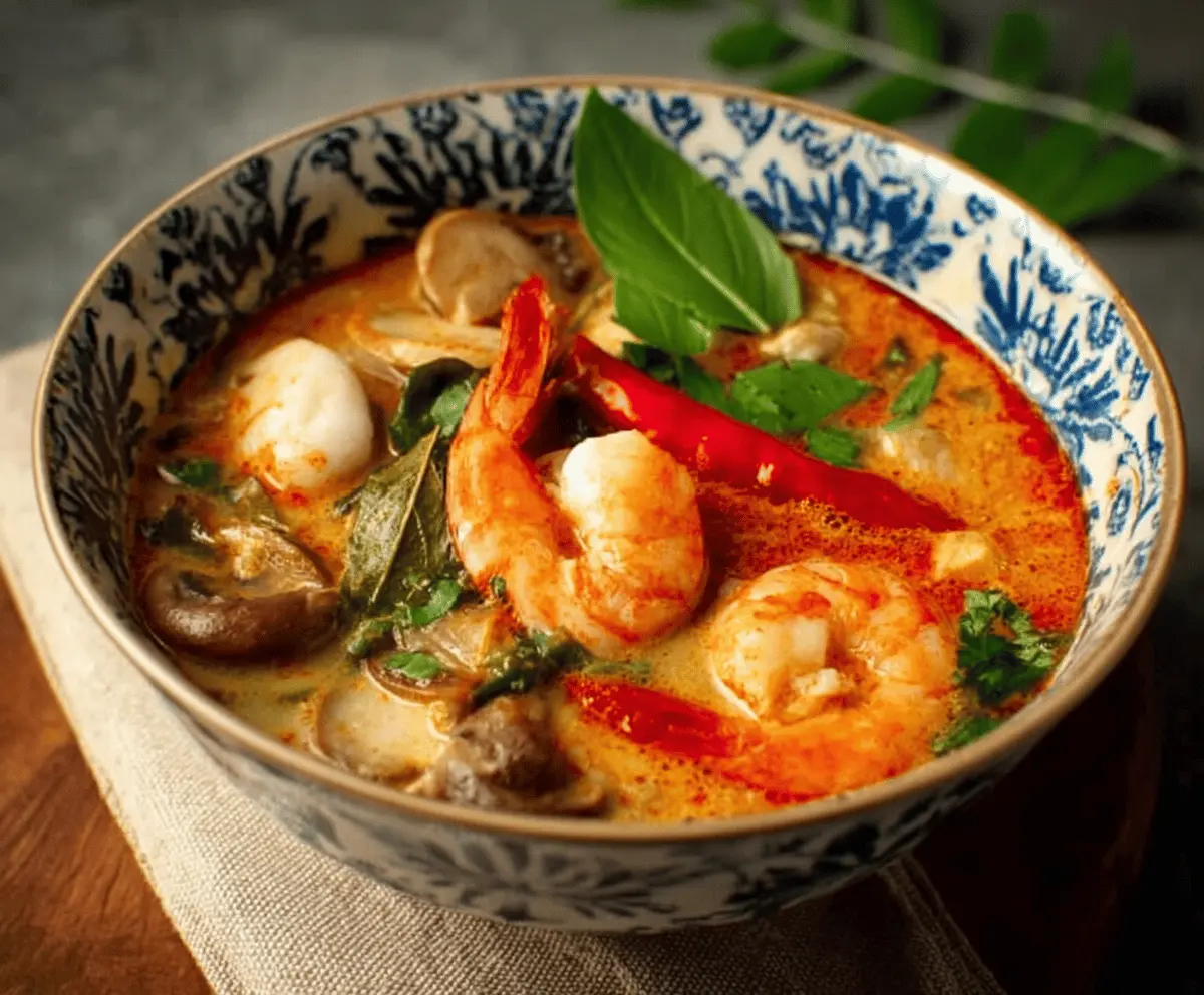 Spicy and flavorful Tom Yum Soup with shrimp, mushrooms, herbs, and lime served in a bowl
