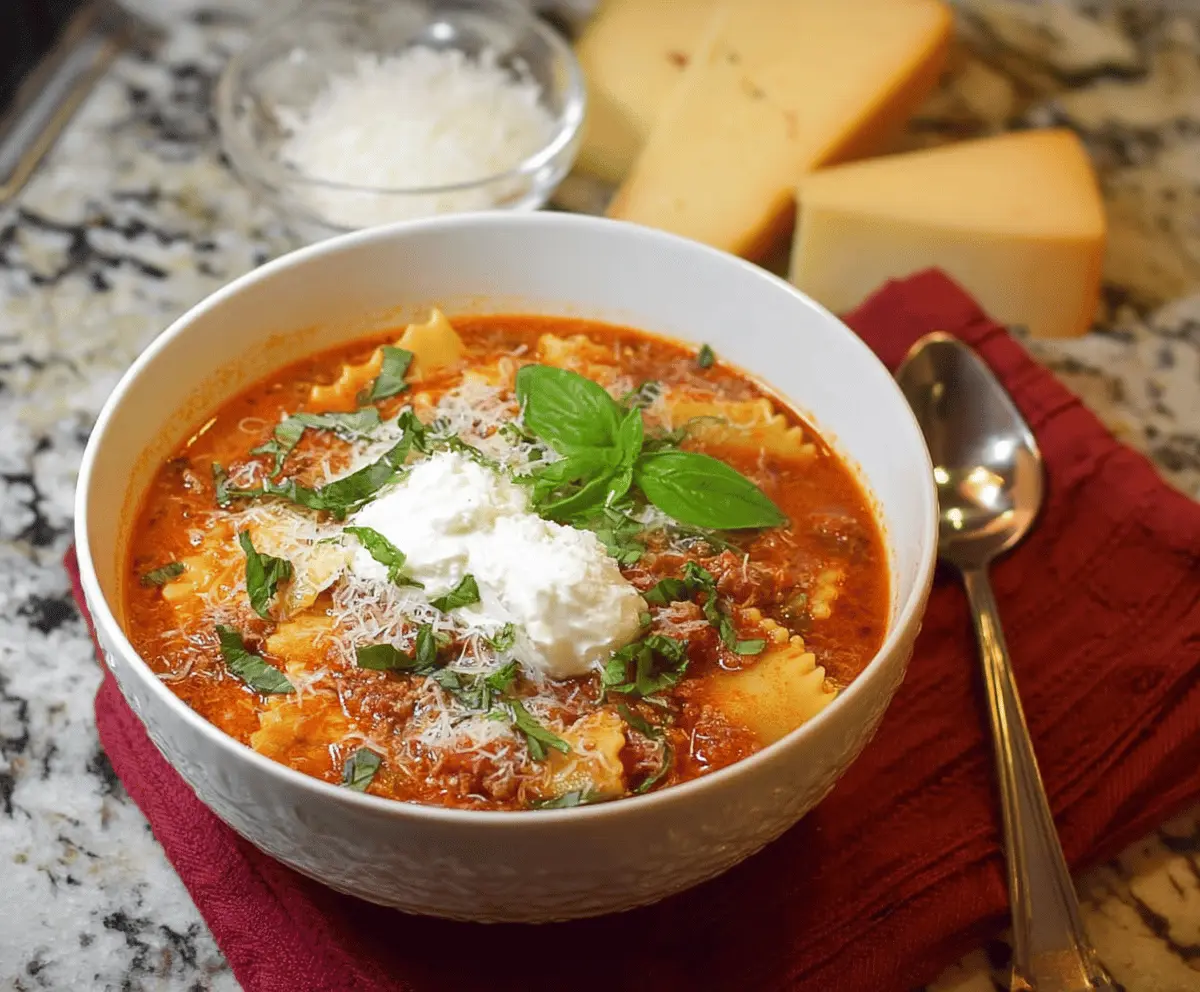 Creamy Tomato Basil Lasagna Soup topped with melted cheese and fresh basil leaves in a bowl, perfect for a comforting meal.