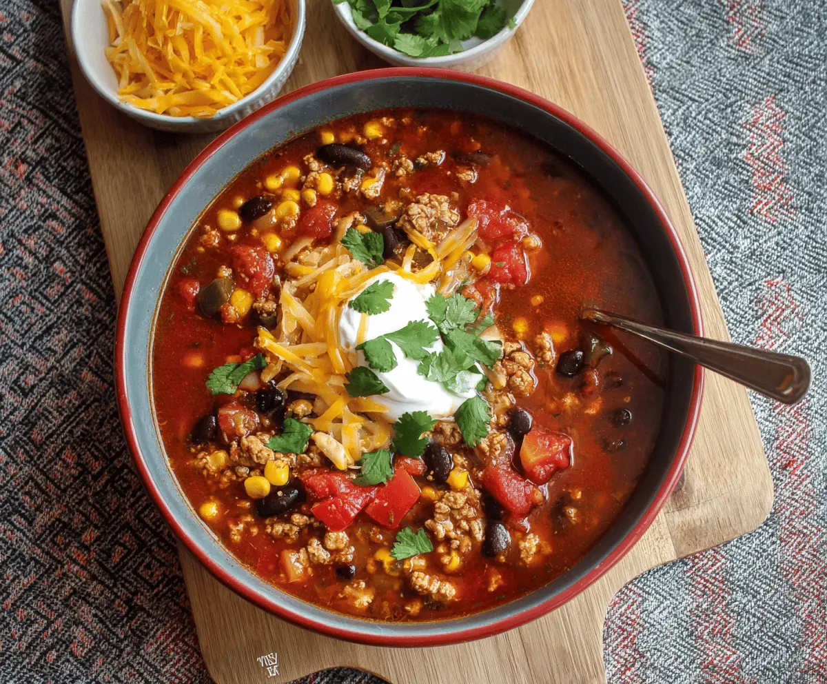 Delicious homemade turkey taco soup with ground turkey, beans, corn, tomatoes, and flavorful seasonings served in a bowl