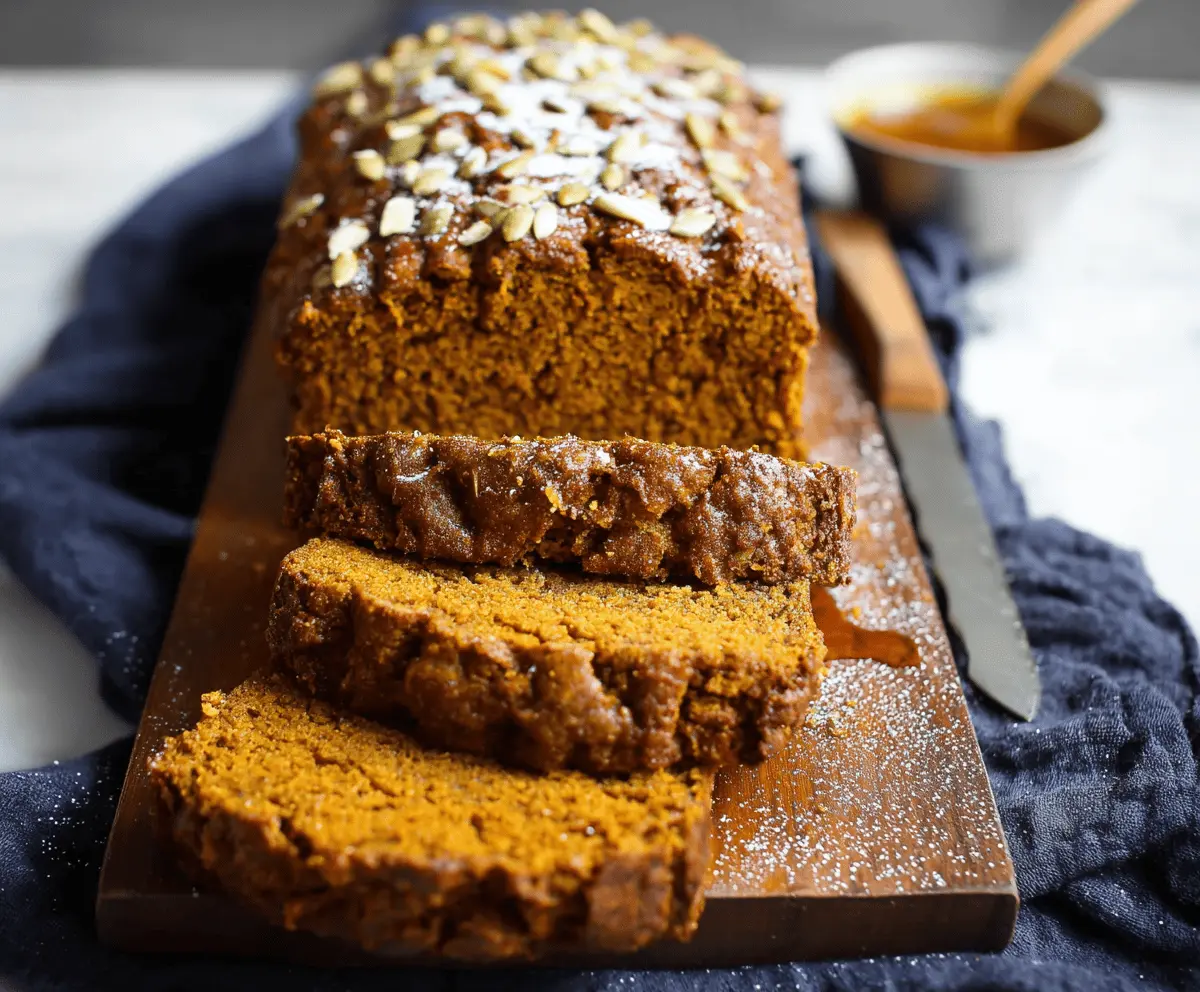Delicious homemade vegan pumpkin bread sliced and served on a wooden cutting board, featuring a moist texture and warm autumn spices