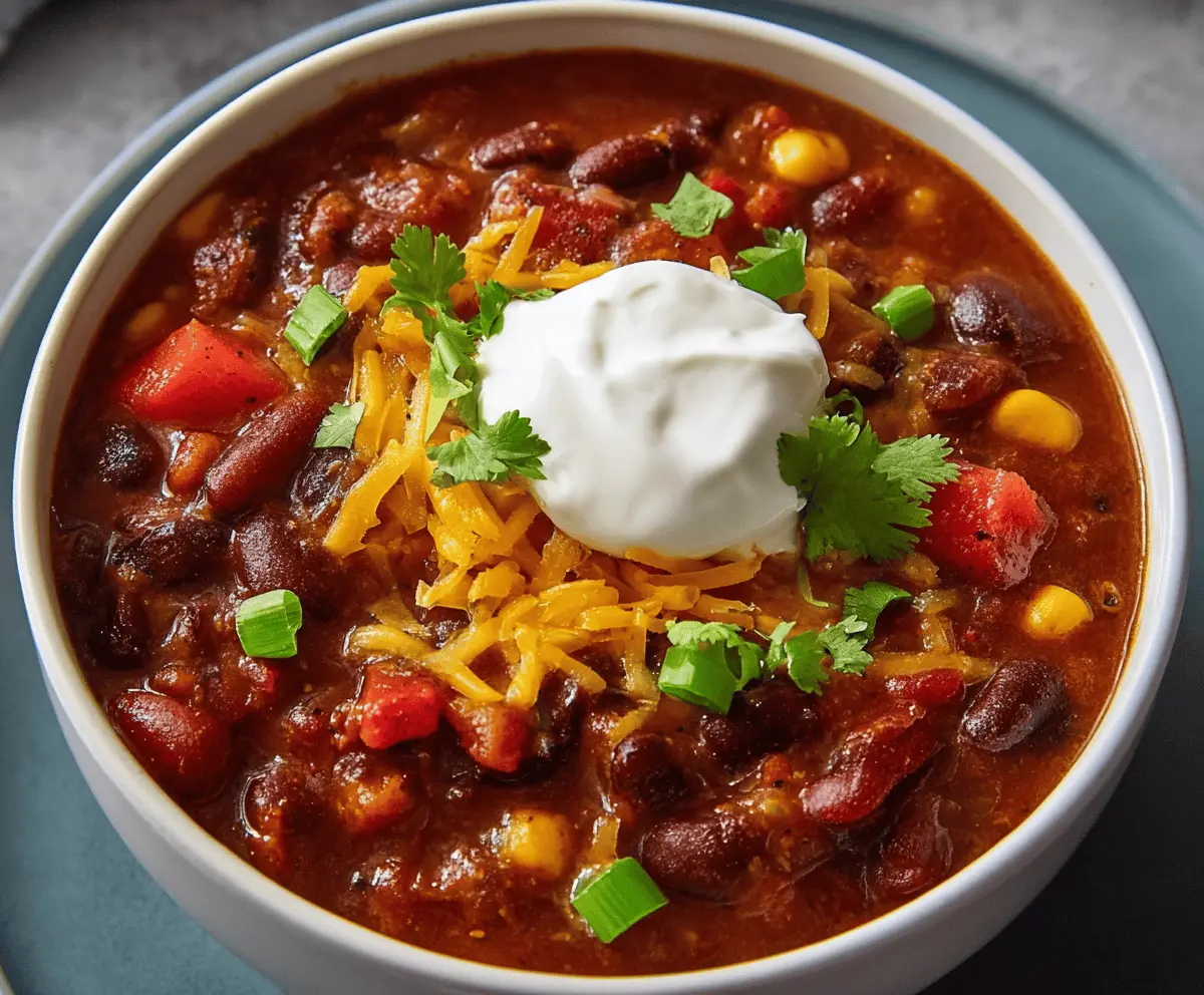 Vegetarian chili in a bowl with beans, vegetables, and spices, served with toppings like shredded cheese and fresh cilantro