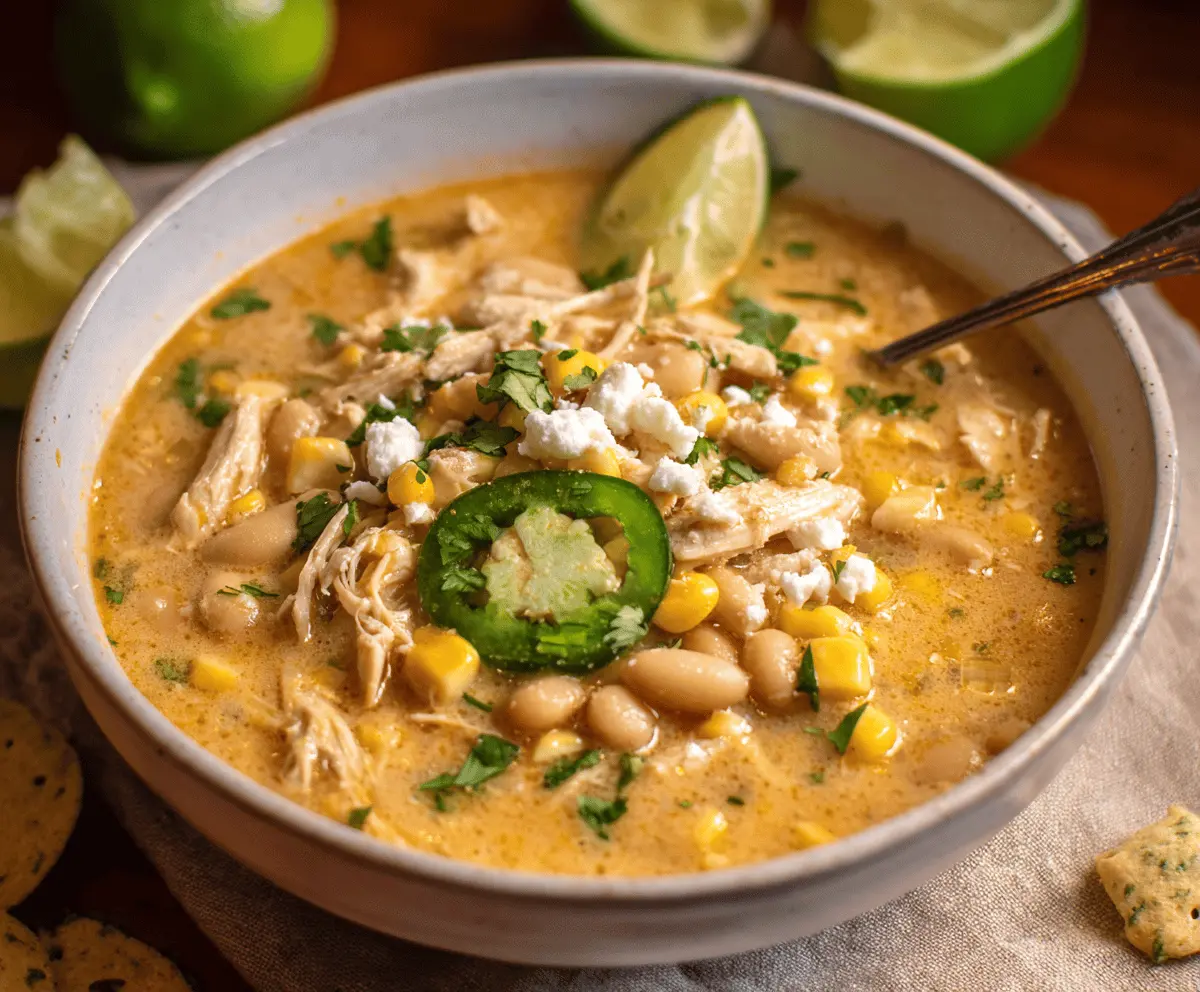Creamy white chicken chili with beans, topped with fresh herbs and shredded cheese in a bowl.
