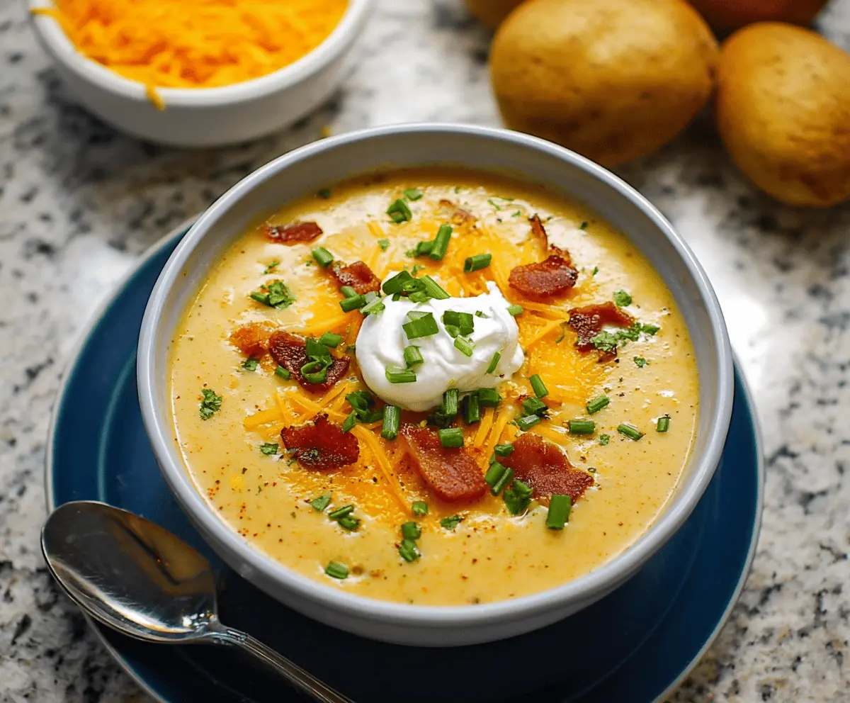 Creamy Yukon Gold Potato Soup garnished with fresh herbs in a rustic bowl, perfect for a comforting meal