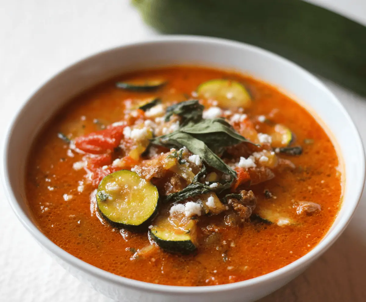Creamy zucchini lasagna soup in a bowl topped with fresh basil and melted cheese, served with bread on the side.
