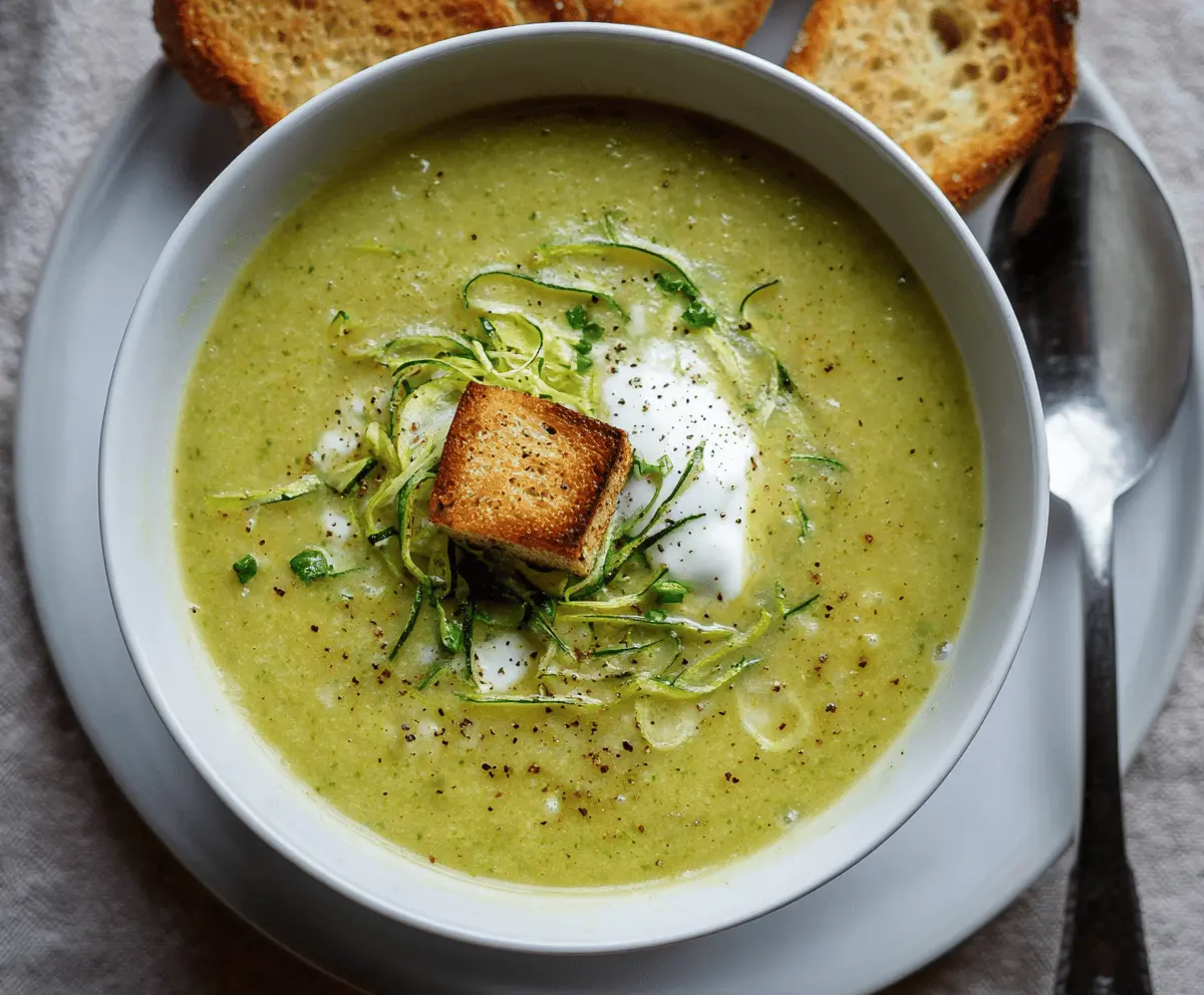 Creamy zucchini soup served in a white bowl garnished with fresh herbs and a drizzle of olive oil, perfect for a healthy and comforting meal.