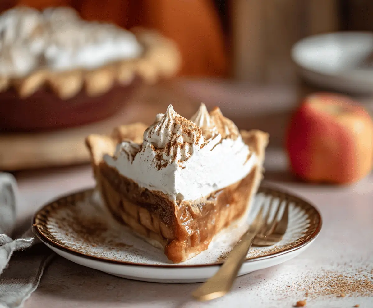 Delicious apple butter pie topped with cinnamon whipped cream, showcasing a golden crust and warm autumn flavors