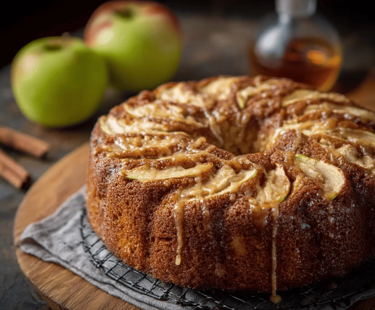 Delicious homemade apple cider cake topped with cinnamon-spiced frosting and apple slices, perfect for fall desserts