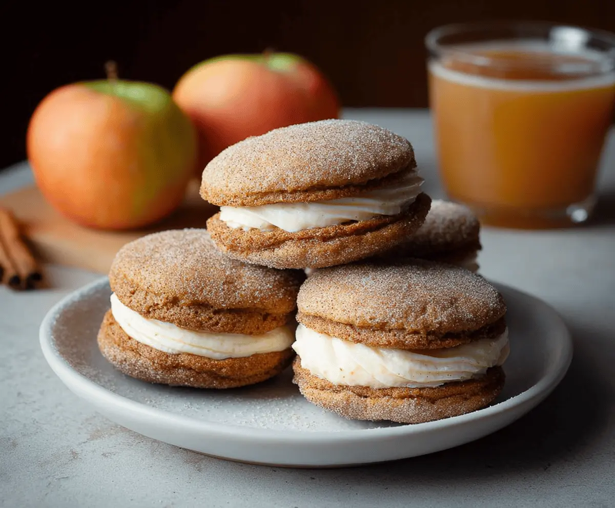 Delicious apple cider whoopie pies with creamy filling on a rustic plate