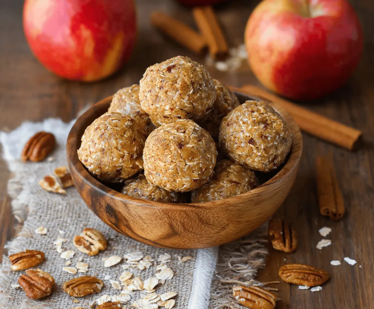 Healthy apple cinnamon pumpkin protein balls on a white plate, showcasing their festive fall ingredients and appealing texture.