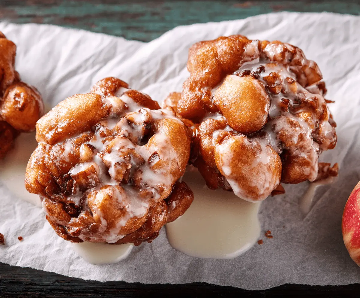 Golden apple fritters dusted with powdered sugar on a rustic plate, perfect for breakfast or dessert.
