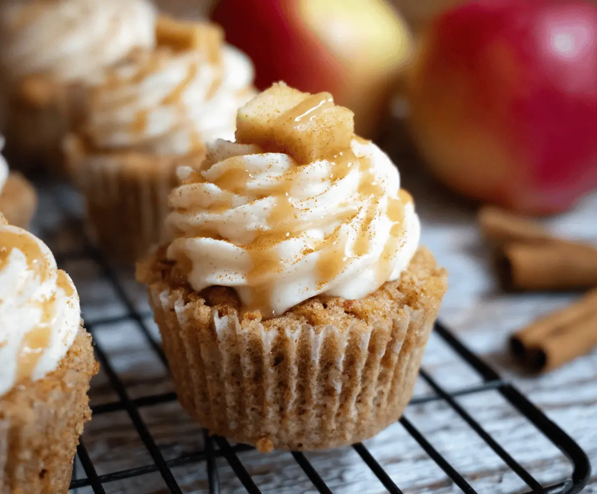 Delicious Apple Pie Cupcakes topped with cinnamon and crumble for a perfect autumn dessert.