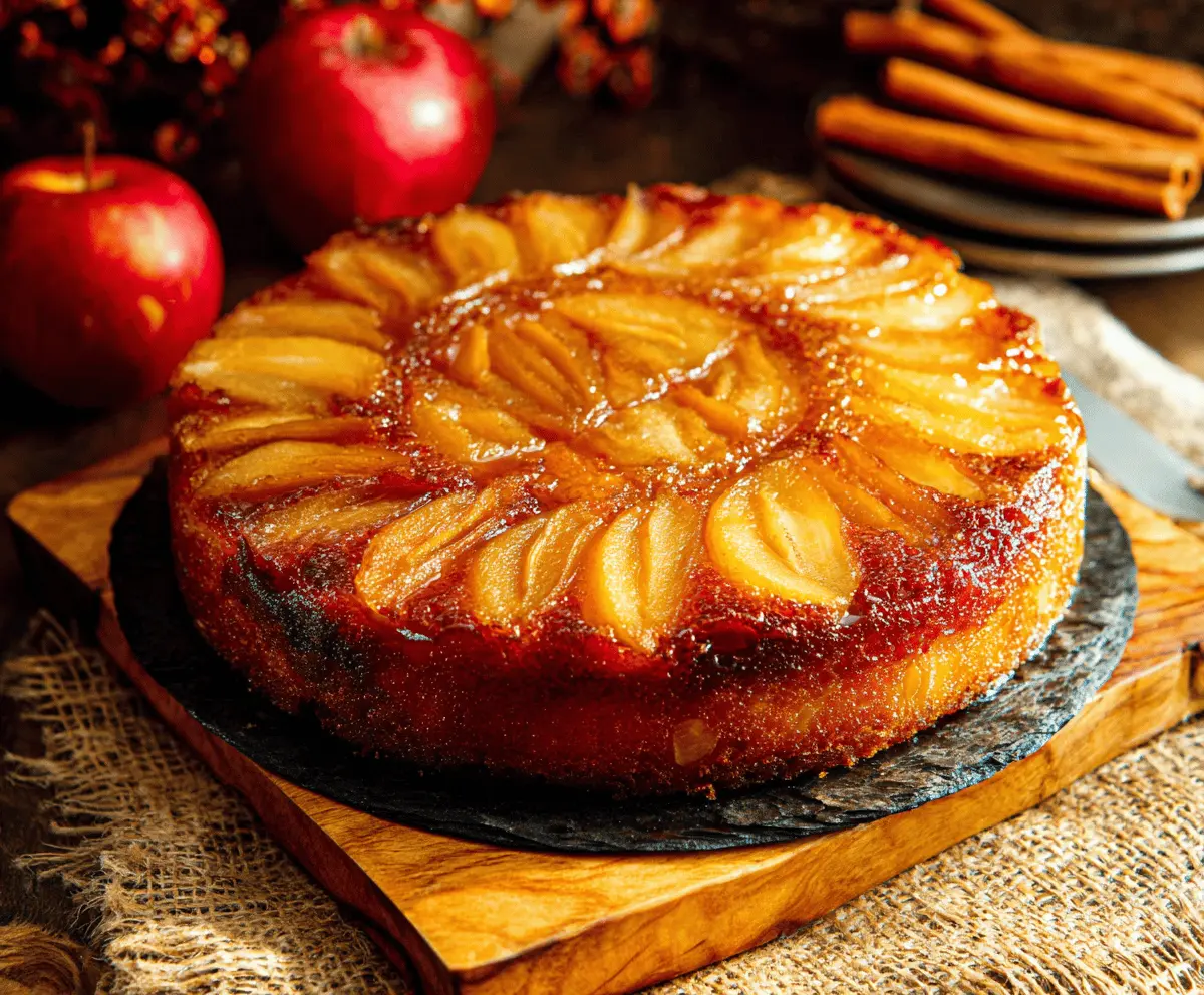 Delicious apple upside down cake with caramelized apple slices and golden crust ready to serve