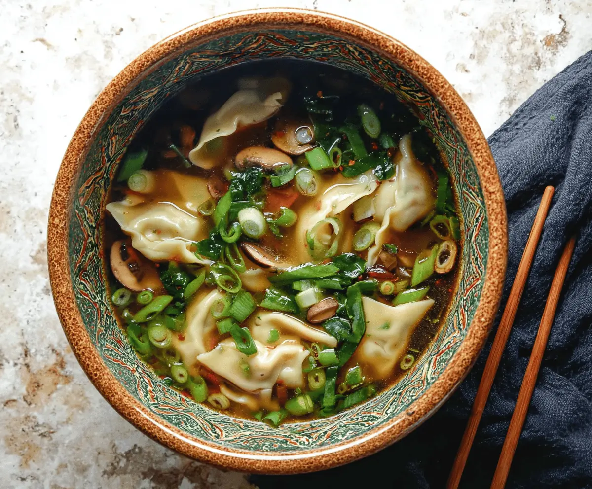 A steaming bowl of Asian Dumpling Potsticker Soup topped with fresh herbs and sliced green onions, featuring golden-brown potstickers in a flavorful broth.