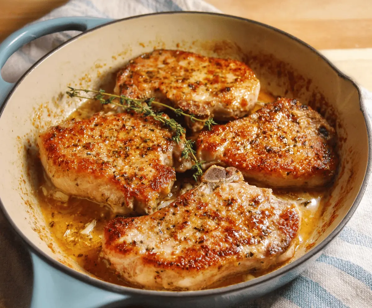 Juicy baked pork chops served with fresh herbs on a plate, perfect for a flavorful dinner.