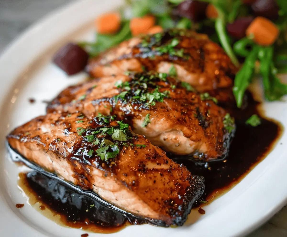 Delicious Balsamic Glazed Salmon served with fresh herbs and lemon wedges on a white plate