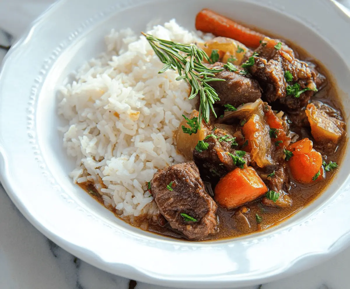 Hearty beef stew served with fluffy rice, featuring tender beef chunks, vegetables, and savory gravy for a comforting meal.