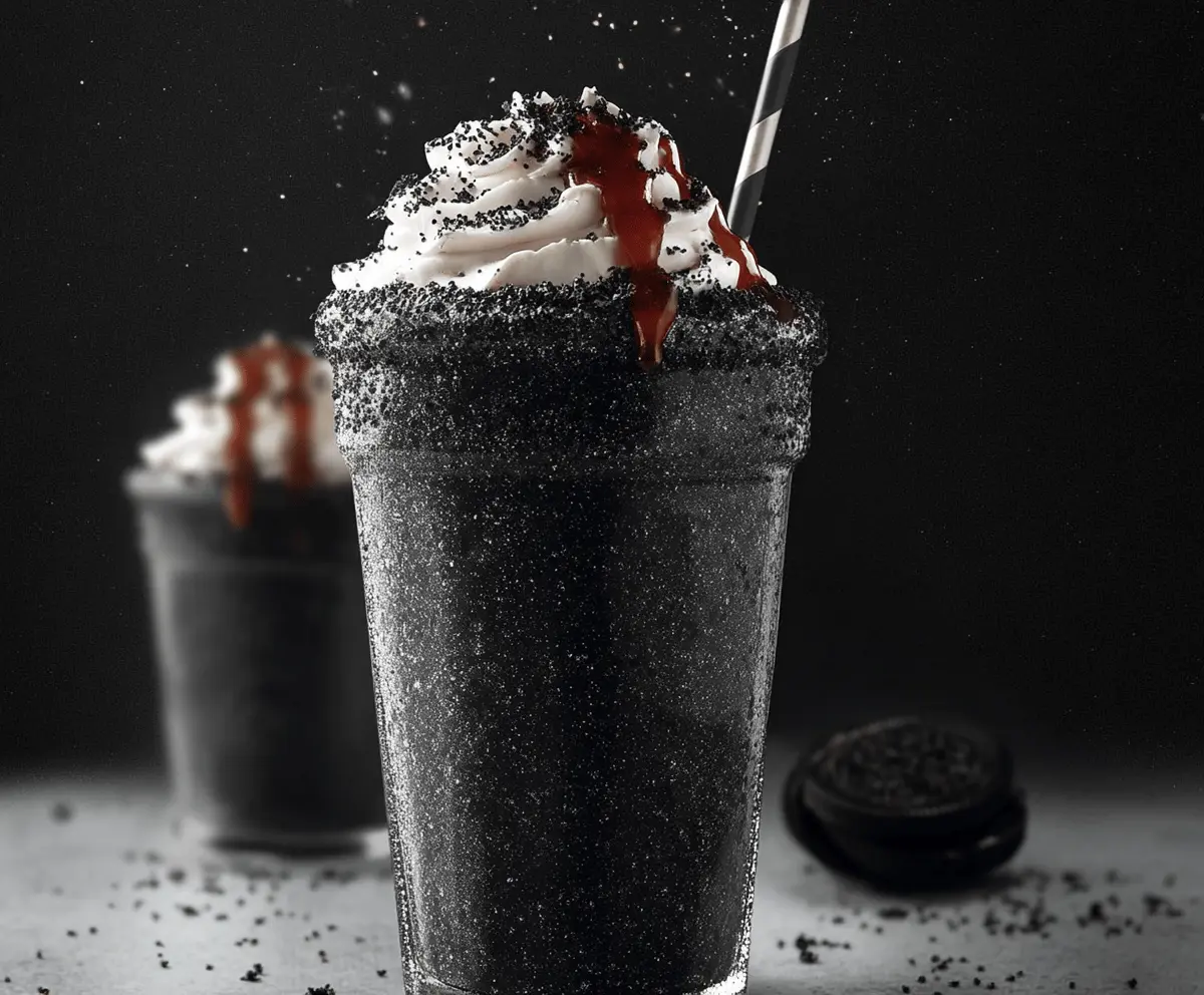 Creamy black milkshake topped with whipped cream and chocolate sprinkles in a tall glass, perfect for a sweet treat