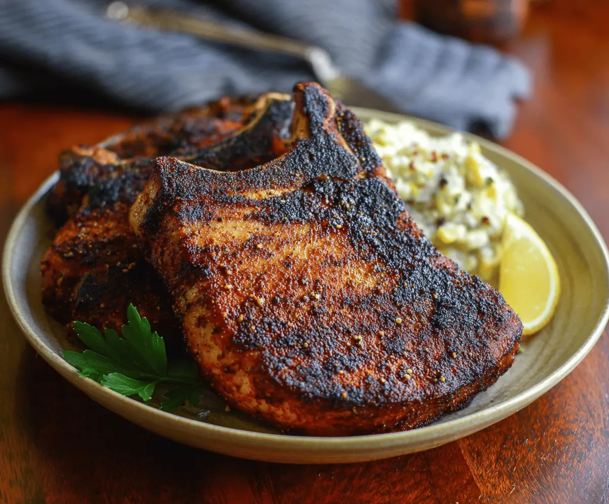Juicy blackened pork chops grilled to perfection with a flavorful spice crust on a white plate, served with fresh herbs and lemon wedges.
