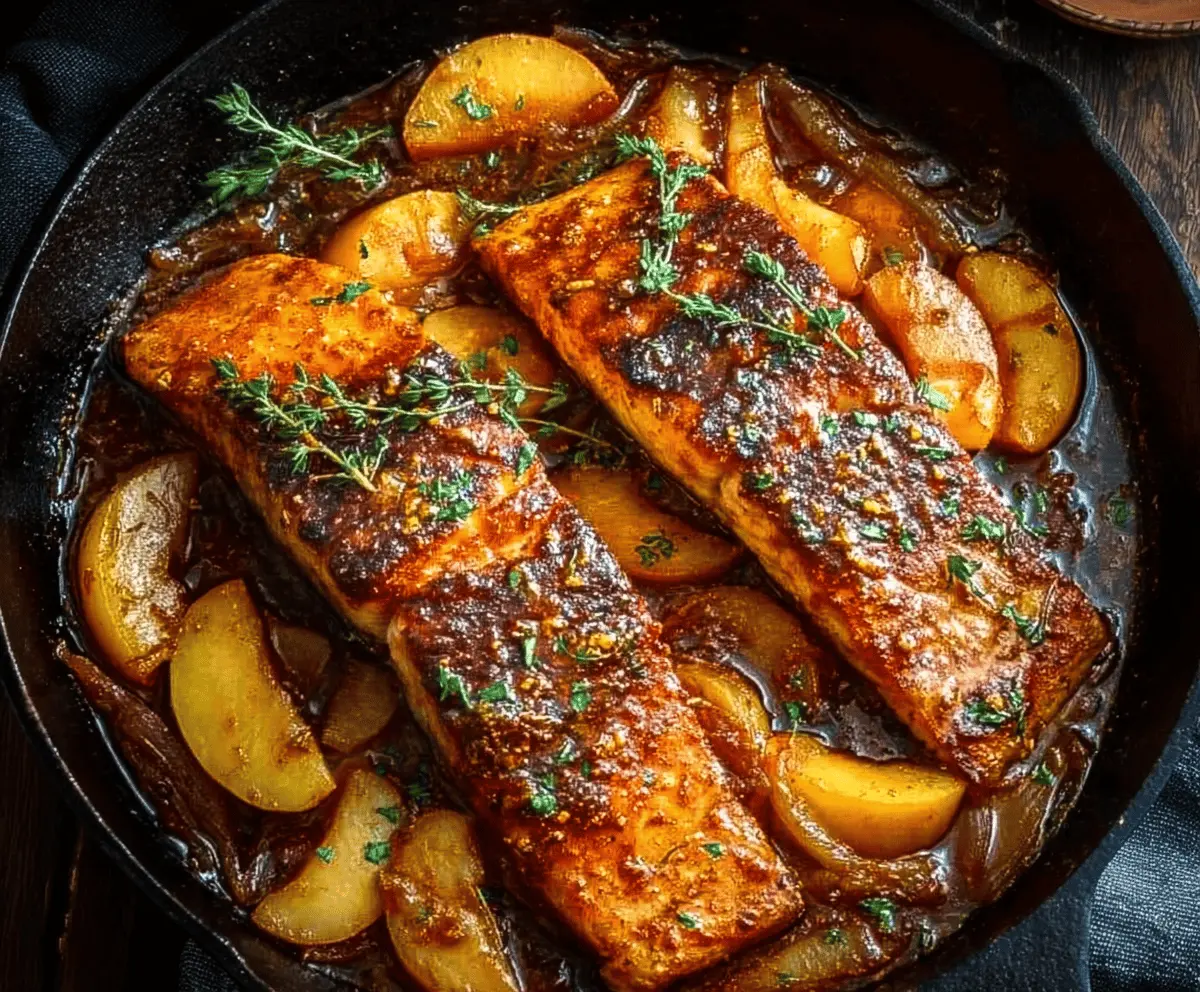 Delicious Bourbon Peach Roasted Salmon served with caramelized peaches and fresh herbs on a white plate