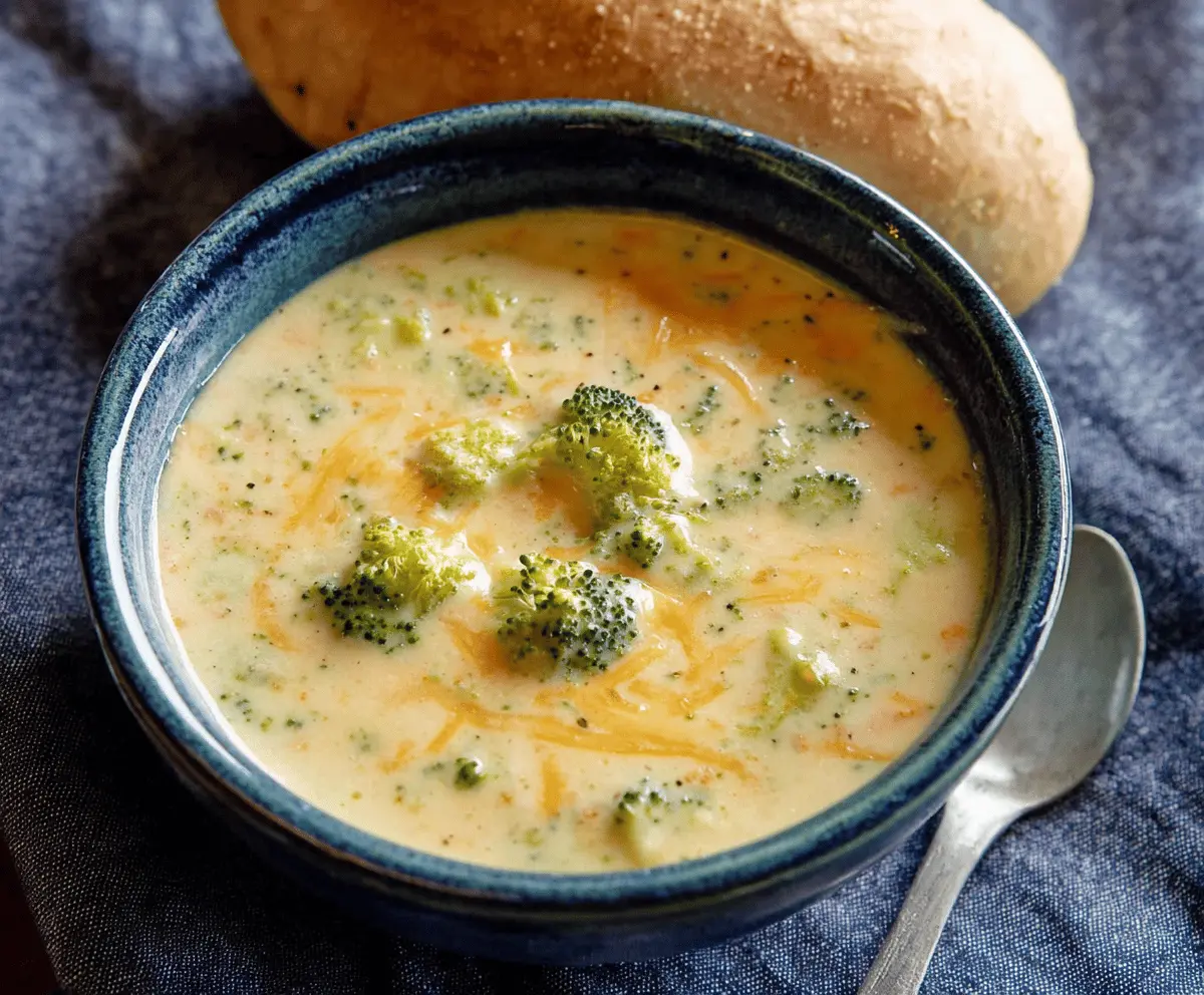 Creamy broccoli cheese soup in a bowl topped with melted cheese and fresh broccoli florets, perfect for a comforting meal.