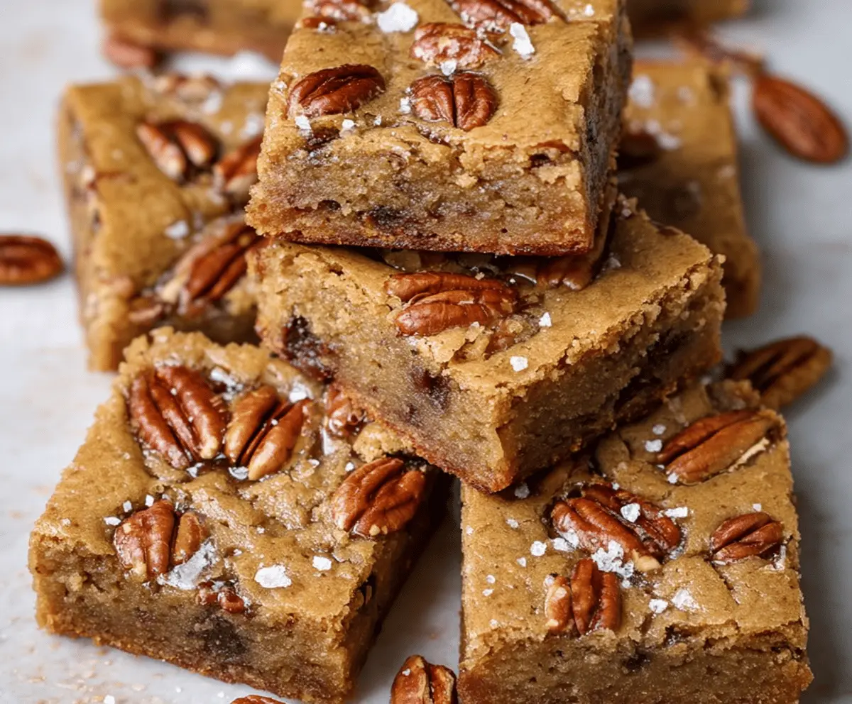 Delicious Brown Butter Pecan Blondies with a golden crust and rich nutty flavor on a white plate