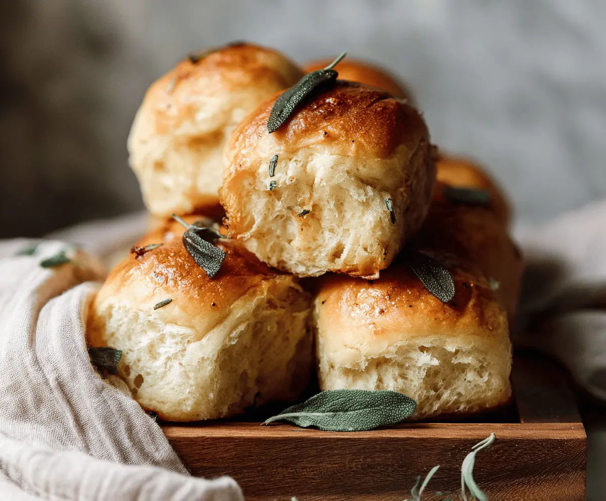 Golden brown butter sage dinner rolls with fresh herbs, perfect for a warm meal.